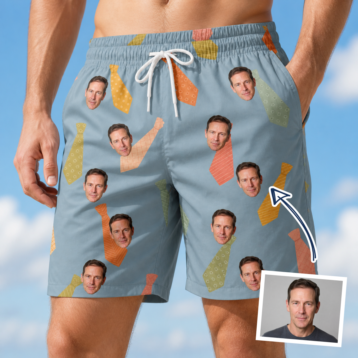 Man wearing Men's Dapper Dads Custom Face Beach Shorts — custom faces printed all-over