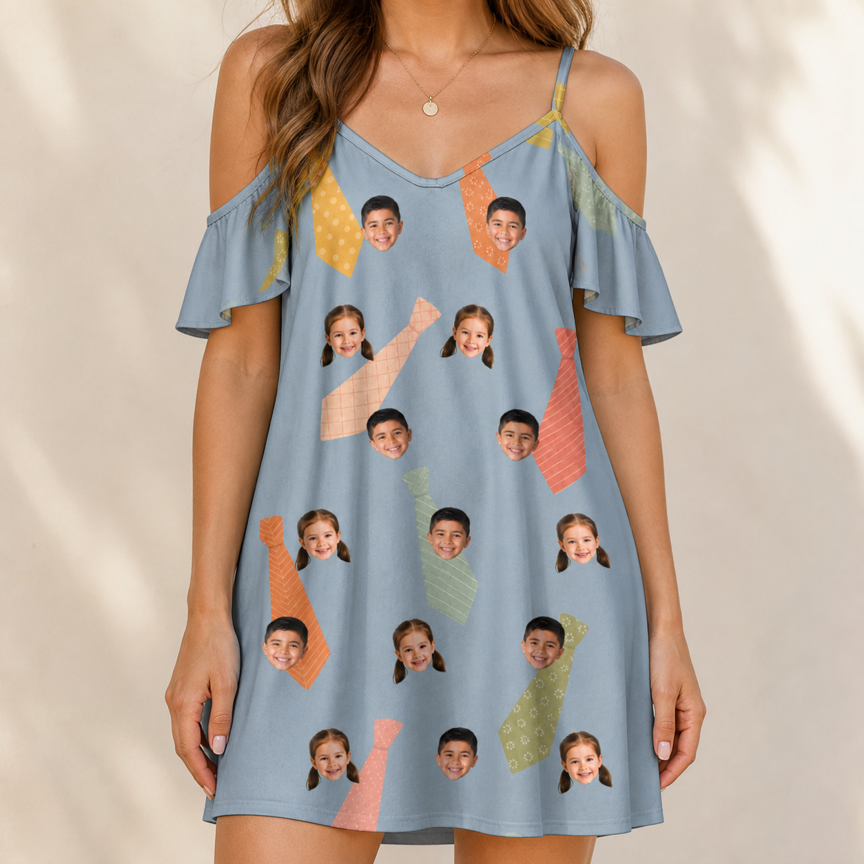 Model wearing Women's Dapper Dads Custom Face Off-Shoulder Dress printed with kids' faces