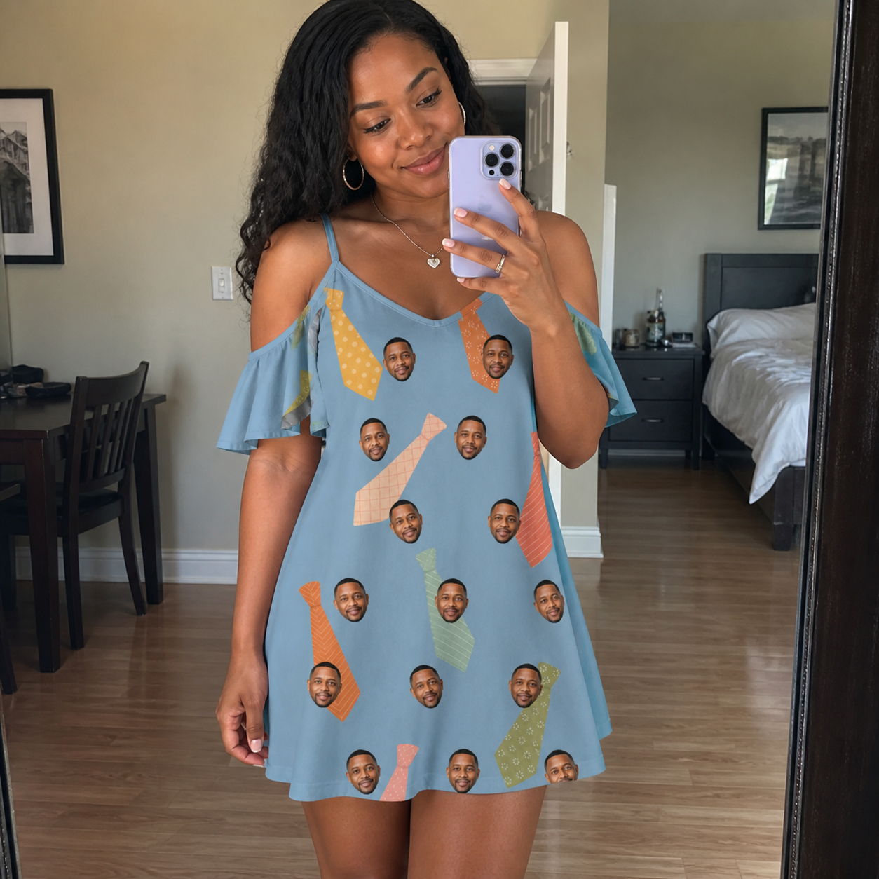 Real-life photo of someone wearing Women's Dapper Dads Custom Face Off-Shoulder Dress — custom faces printed all-over