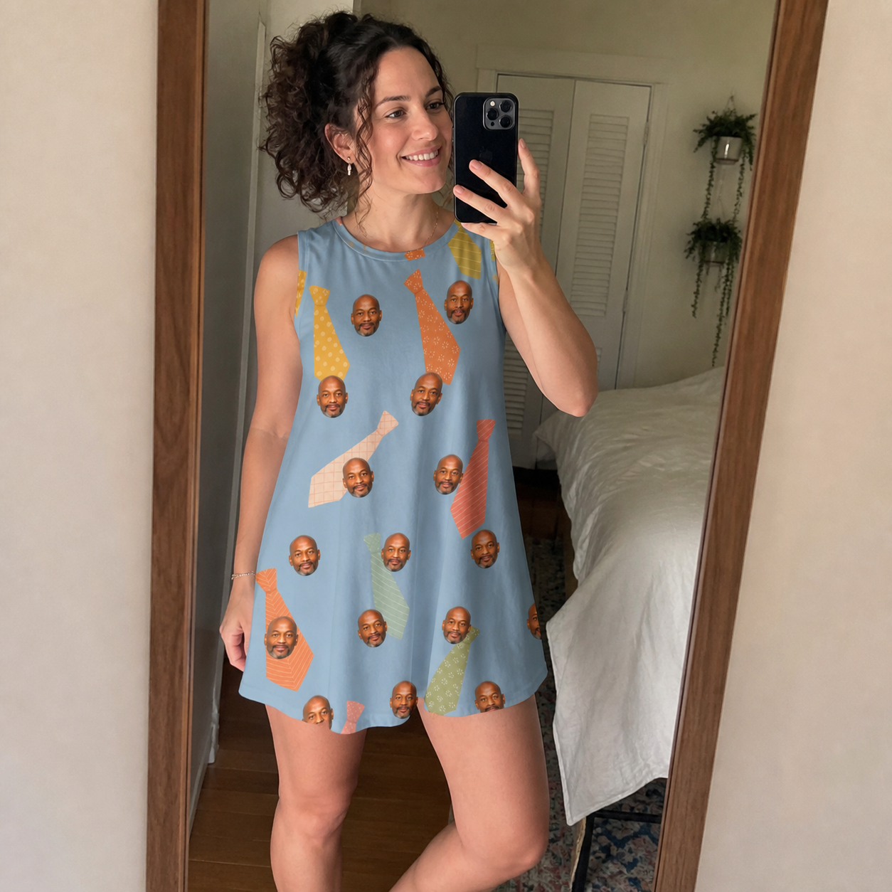Real-life photo of someone wearing Women's Dapper Dads Custom Face Tank Dress — custom faces printed all-over
