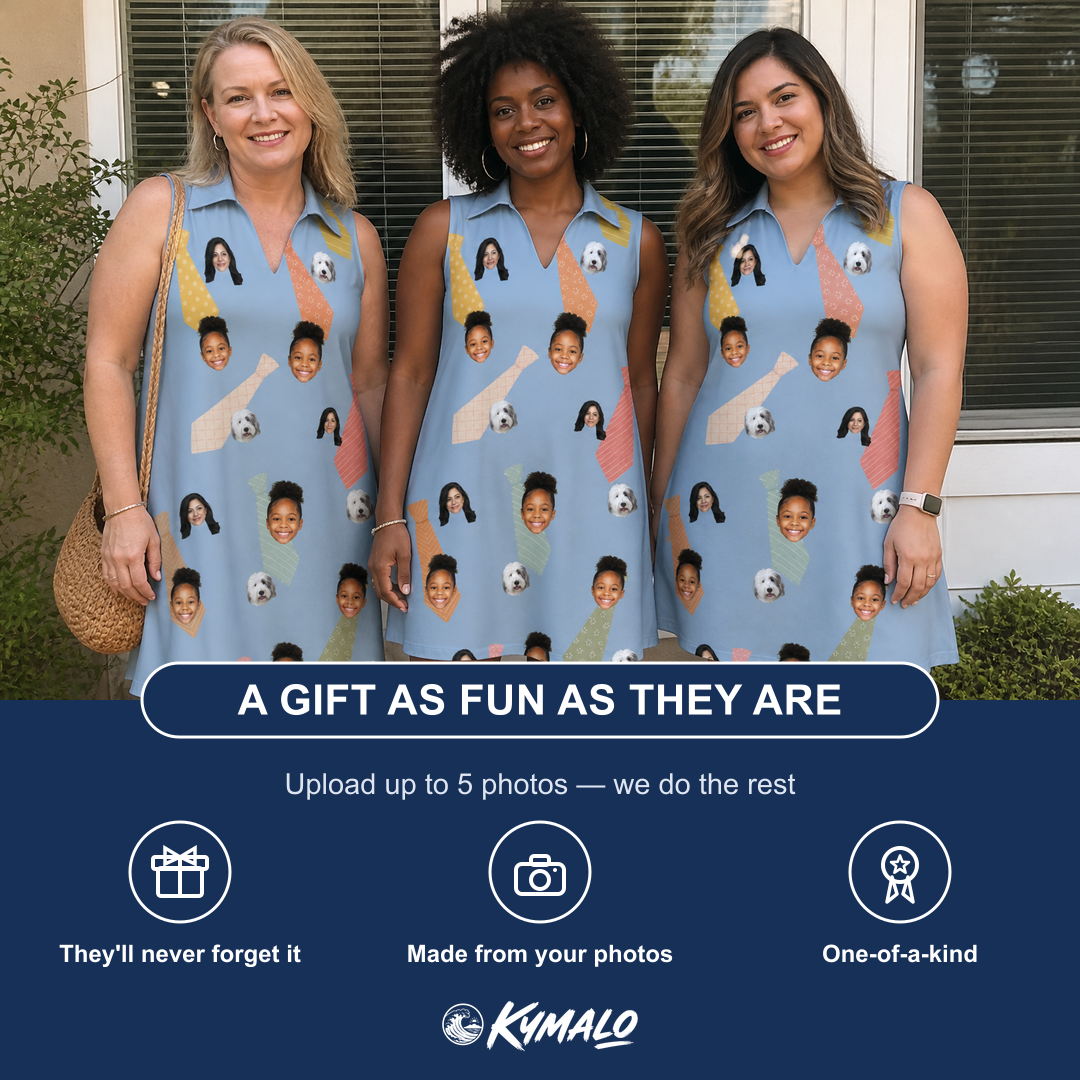 Friends in matching Women's Dapper Dads Custom Face V-Neck Dress — a group gift photo
