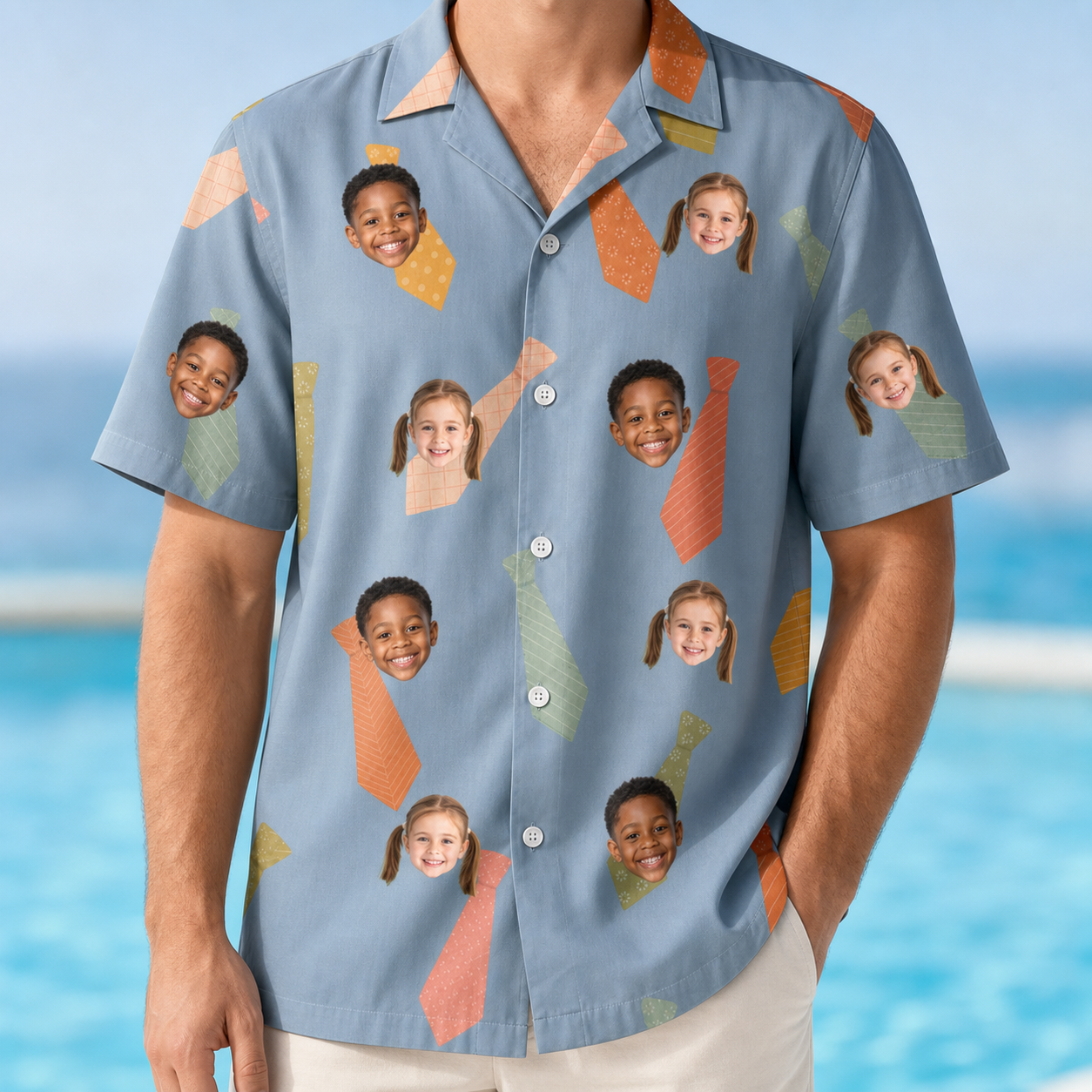 Model wearing Men's Dapper Dads Custom Face Hawaiian Shirt printed with kids' faces
