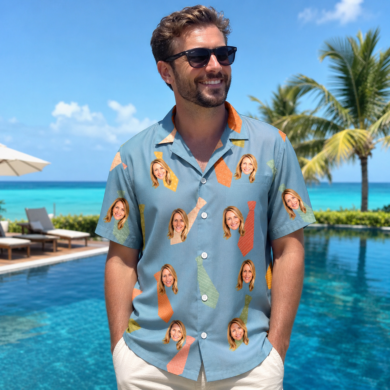Real-life photo of someone wearing Men's Dapper Dads Custom Face Hawaiian Shirt — custom faces printed all-over
