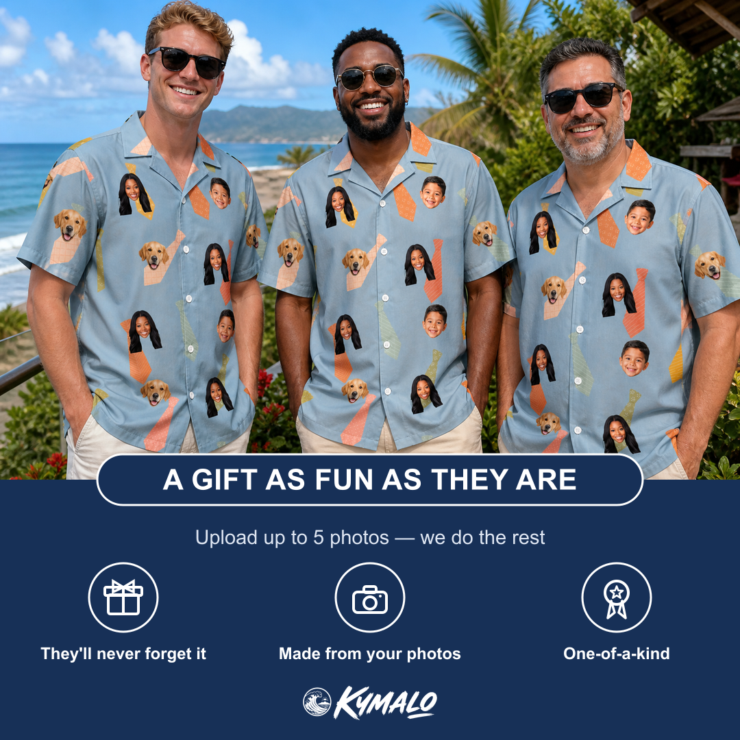 Friends in matching Men's Dapper Dads Custom Face Hawaiian Shirt — a group gift photo