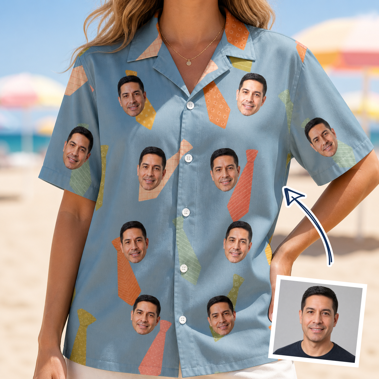 Woman wearing Women's Dapper Dads Custom Face Hawaiian Shirt — custom faces printed all-over