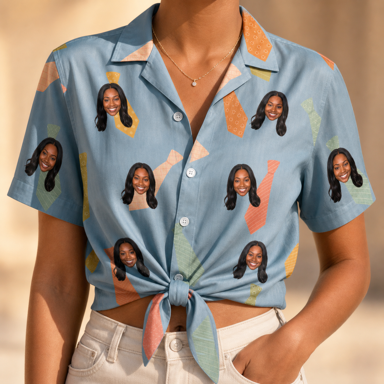 Woman wearing Women's Dapper Dads Custom Face Hawaiian Shirt tied at the waist