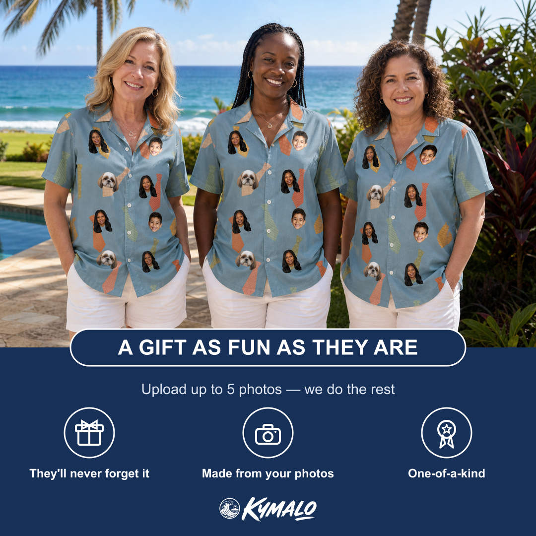 Friends in matching Women's Dapper Dads Custom Face Hawaiian Shirt — a group gift photo