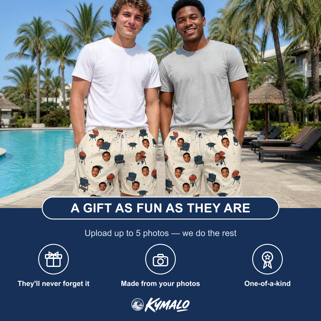 Friends in matching Men's Smoke Signals Custom Face Beach Shorts — a group gift photo