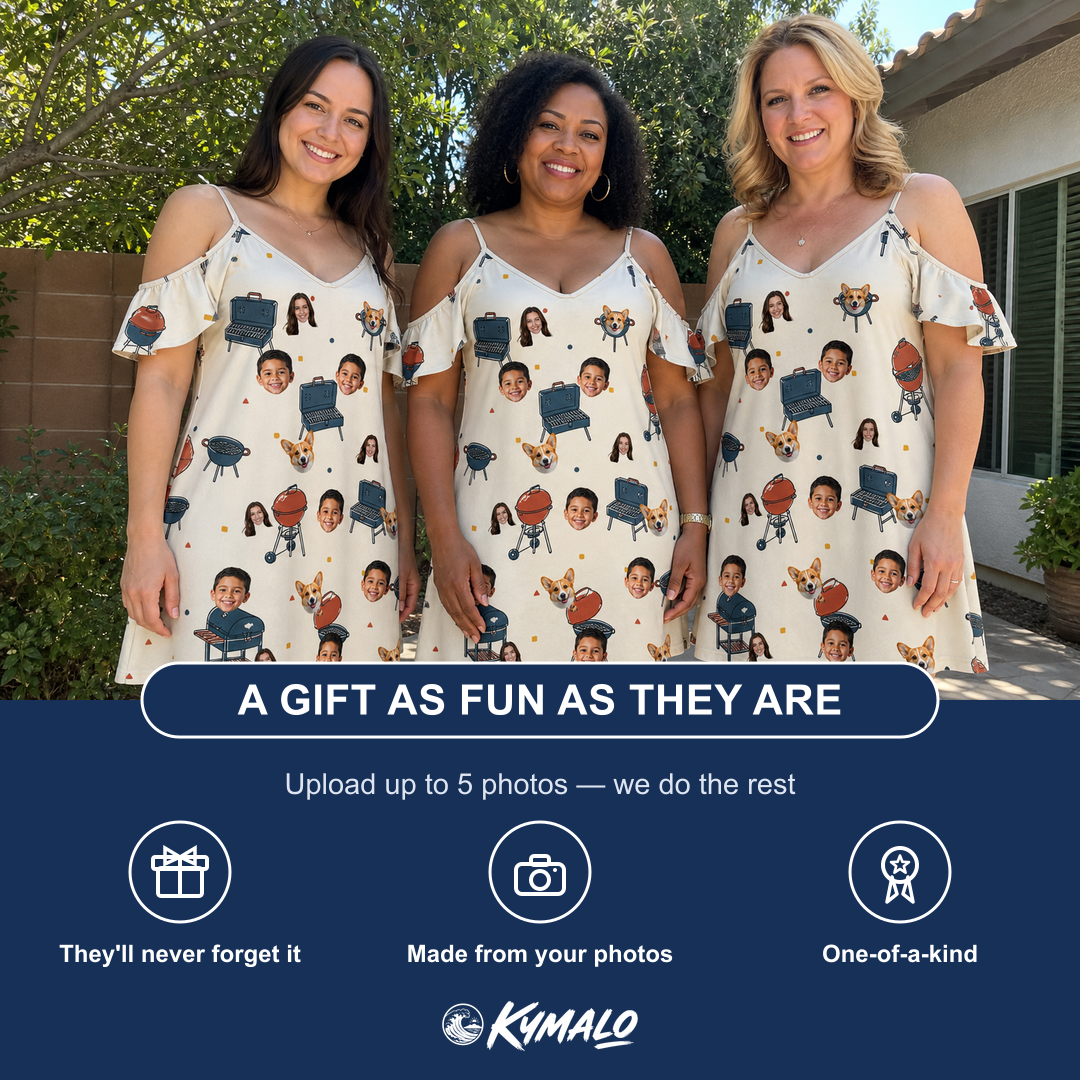Friends in matching Women's Smoke Signals Custom Face Off-Shoulder Dress — a group gift photo