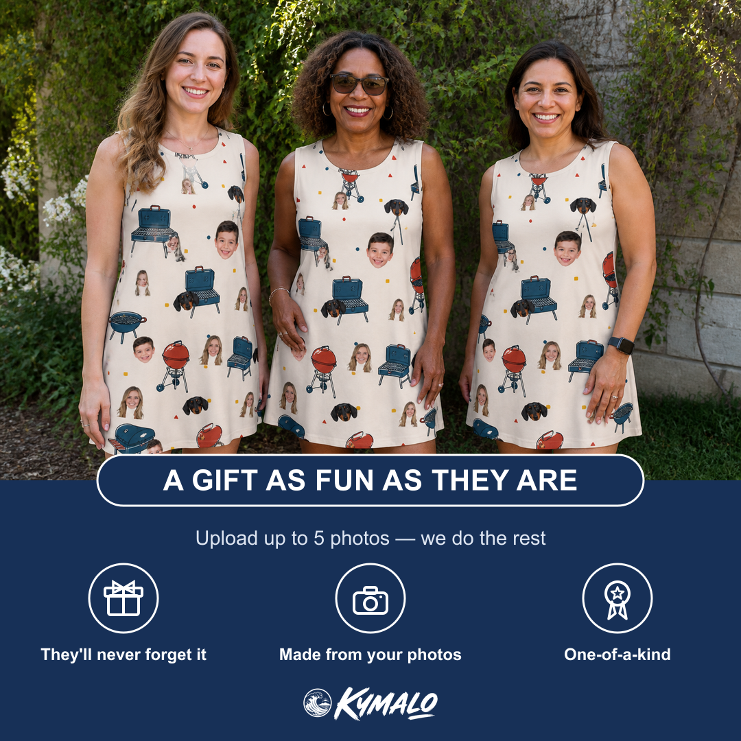 Friends in matching Women's Smoke Signals Custom Face Tank Dress — a group gift photo