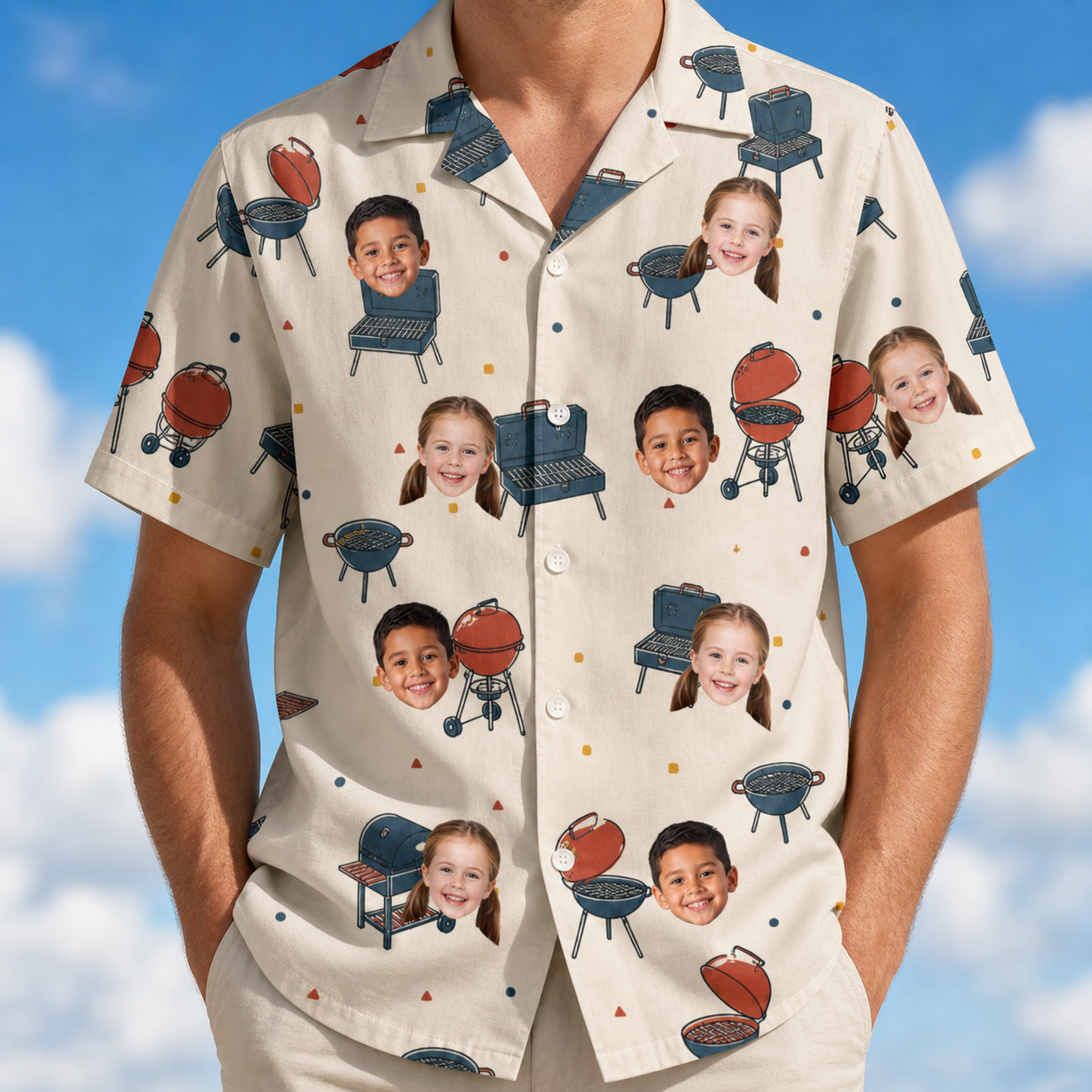 Model wearing Men's Smoke Signals Custom Face Hawaiian Shirt printed with kids' faces
