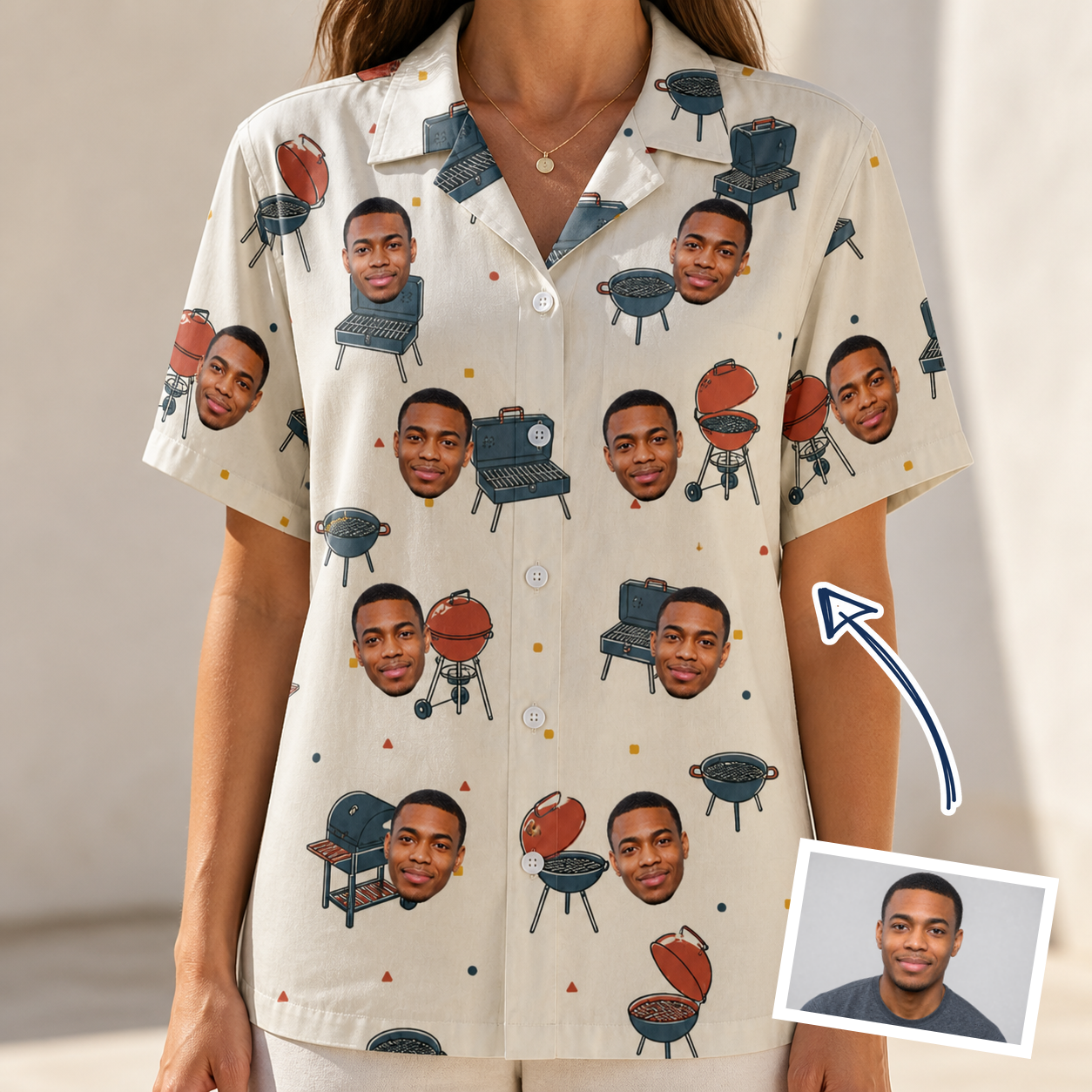 Woman wearing Women's Smoke Signals Custom Face Hawaiian Shirt — custom faces printed all-over