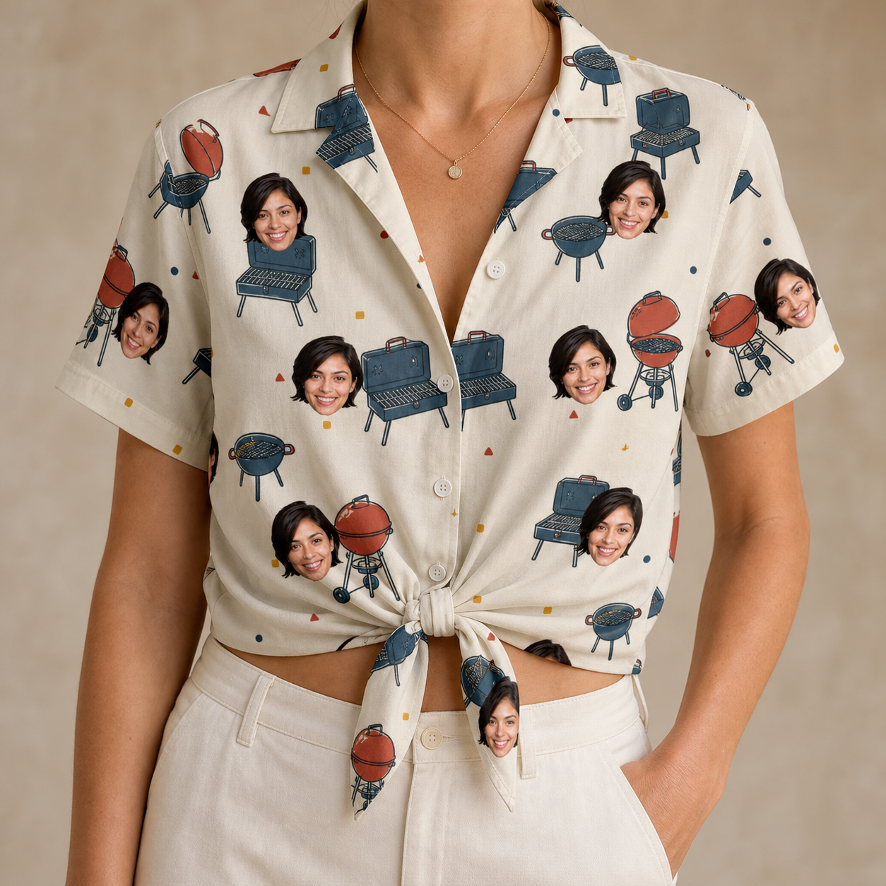 Woman wearing Women's Smoke Signals Custom Face Hawaiian Shirt tied at the waist