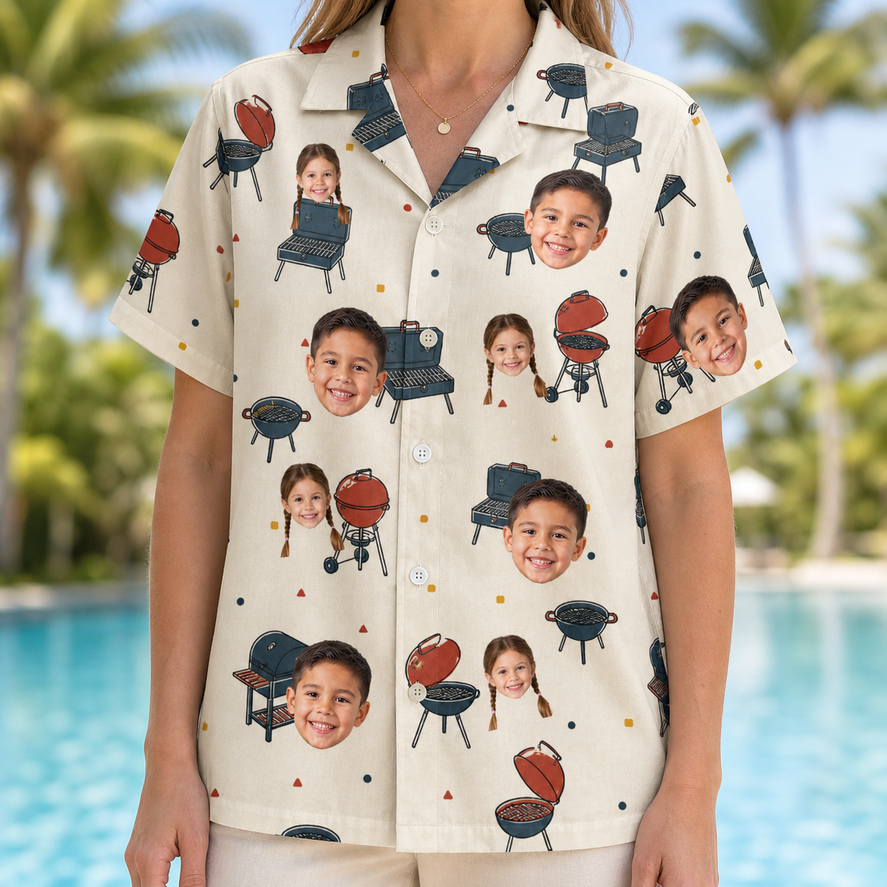 Model wearing Women's Smoke Signals Custom Face Hawaiian Shirt printed with kids' faces