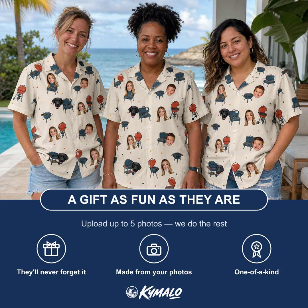 Friends in matching Women's Smoke Signals Custom Face Hawaiian Shirt — a group gift photo
