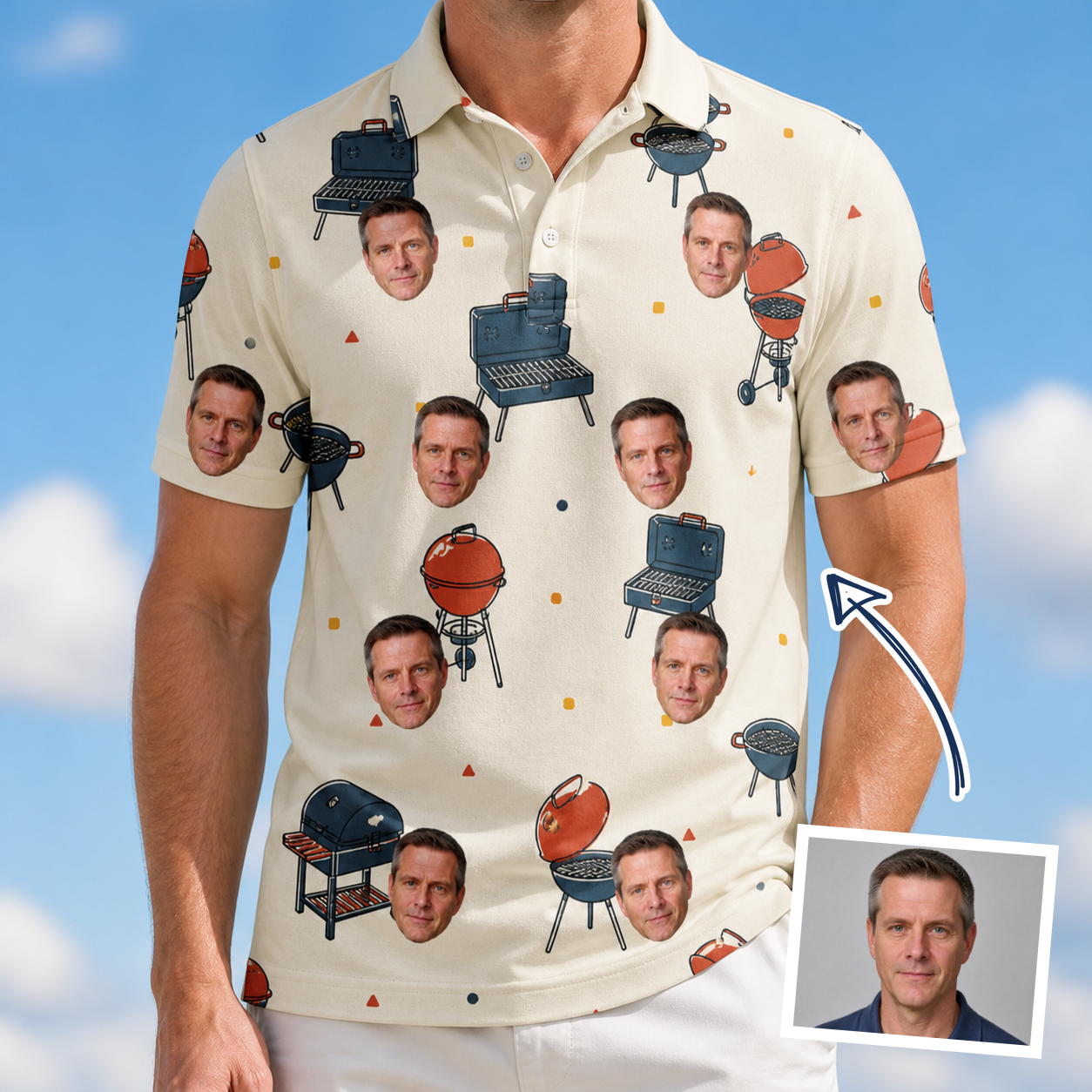 Man wearing Men's Smoke Signals Custom Face Polo Shirt — custom faces printed all-over