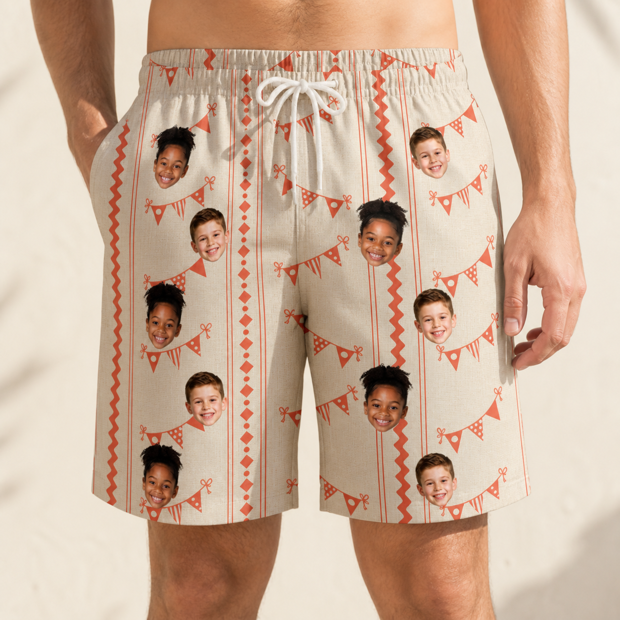 Model wearing Men's Grand Gathering Custom Face Beach Shorts printed with kids' faces