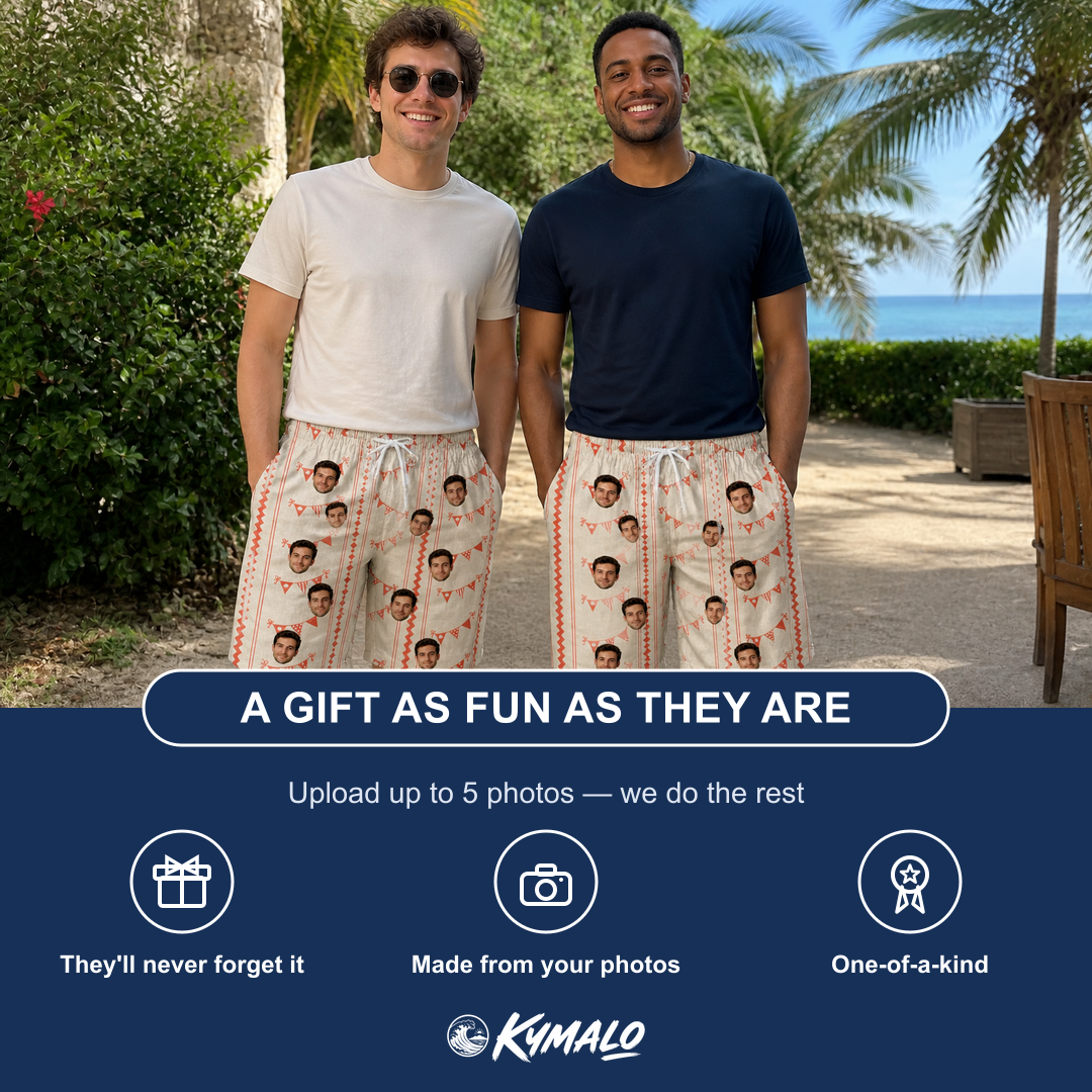 Friends in matching Men's Grand Gathering Custom Face Beach Shorts — a group gift photo