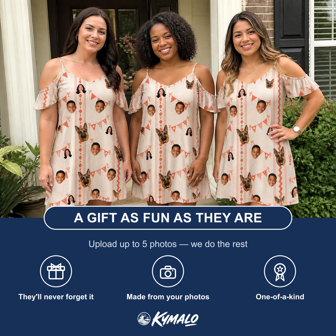 Friends in matching Women's Grand Gathering Custom Face Off-Shoulder Dress — a group gift photo