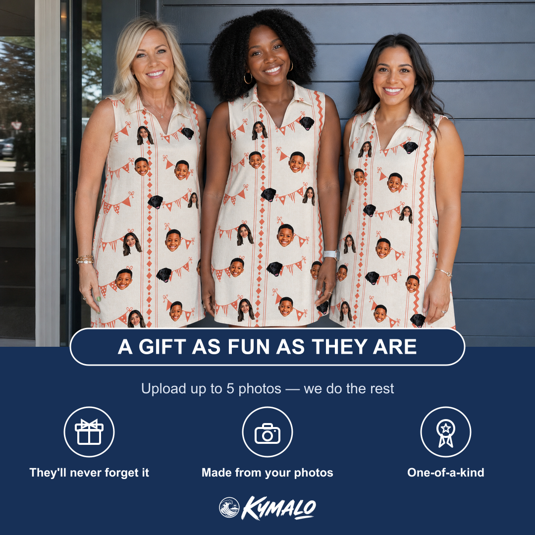Friends in matching Women's Grand Gathering Custom Face V-Neck Dress — a group gift photo