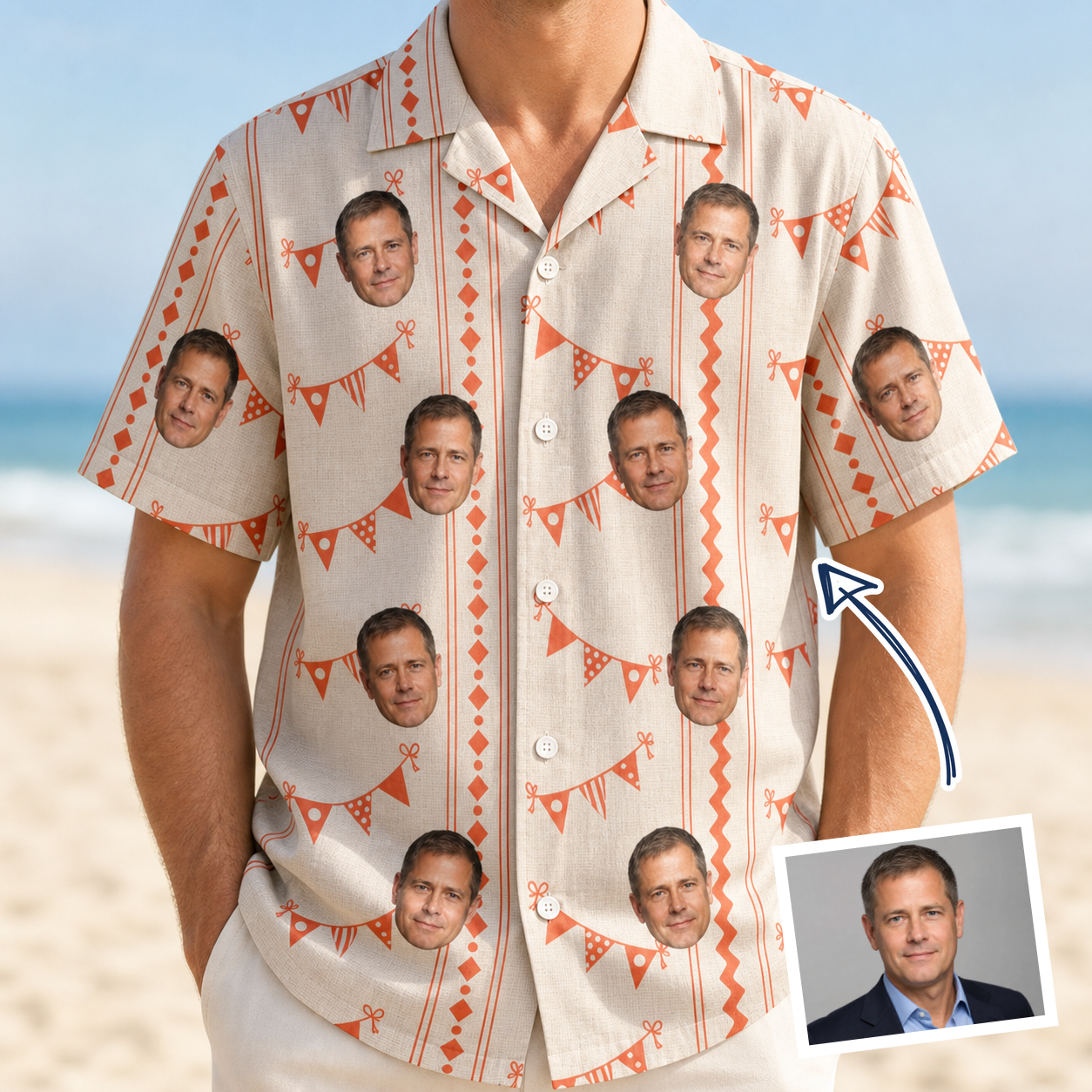 Man wearing Men's Grand Gathering Custom Face Hawaiian Shirt — custom faces printed all-over
