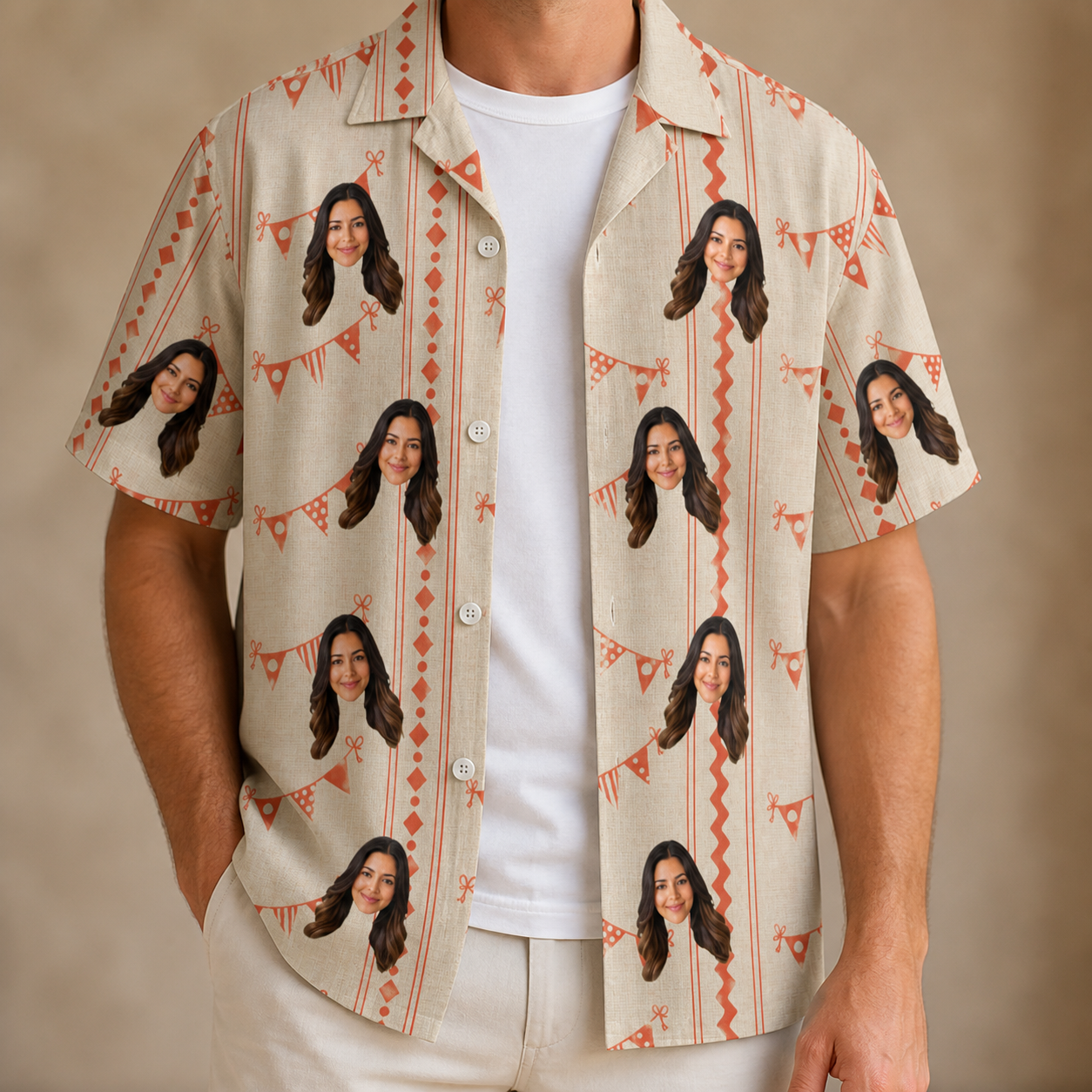 Man wearing Men's Grand Gathering Custom Face Hawaiian Shirt open over a white tee