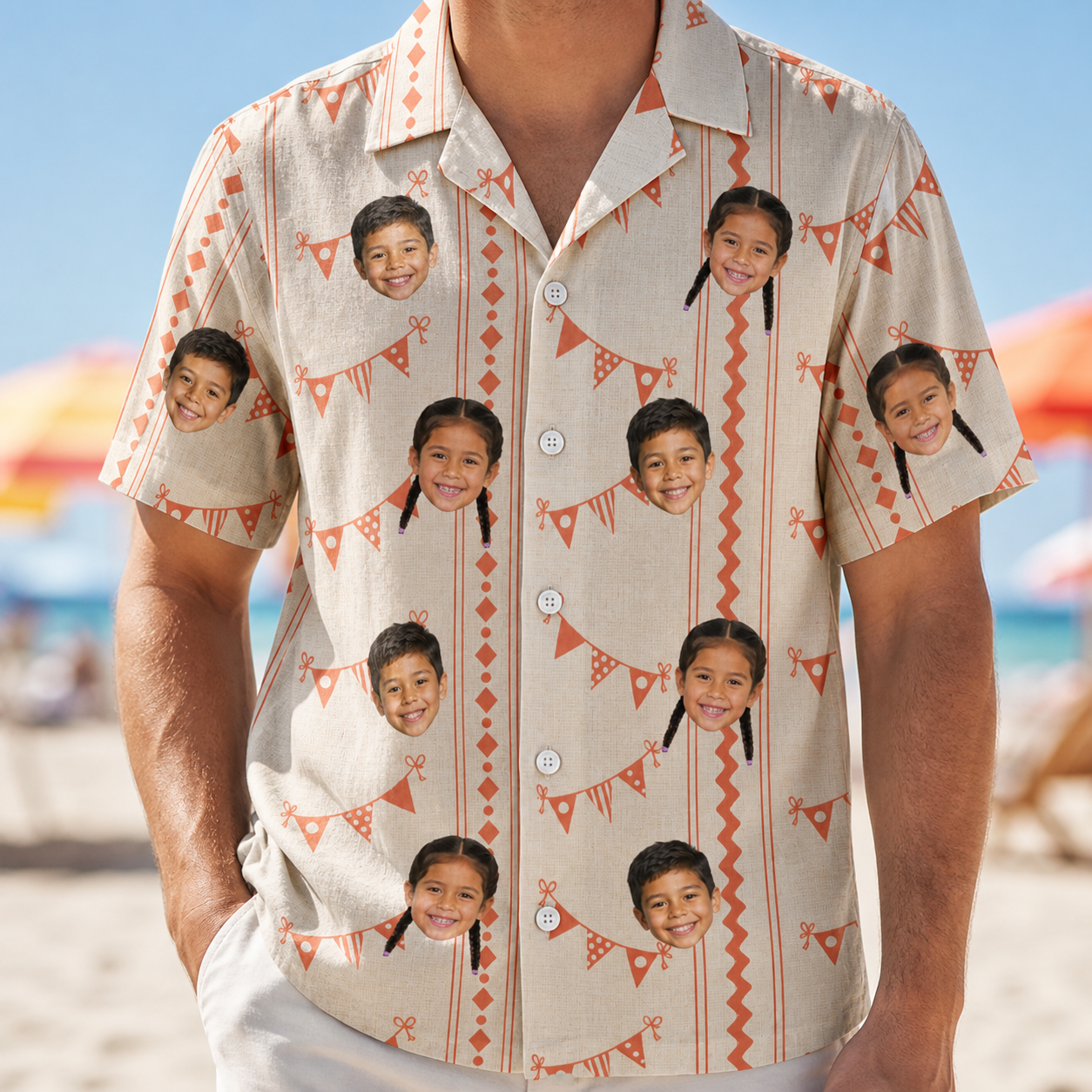 Model wearing Men's Grand Gathering Custom Face Hawaiian Shirt printed with kids' faces