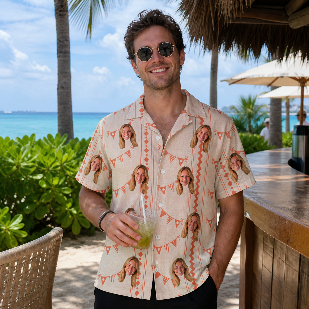 Real-life photo of someone wearing Men's Grand Gathering Custom Face Hawaiian Shirt — custom faces printed all-over