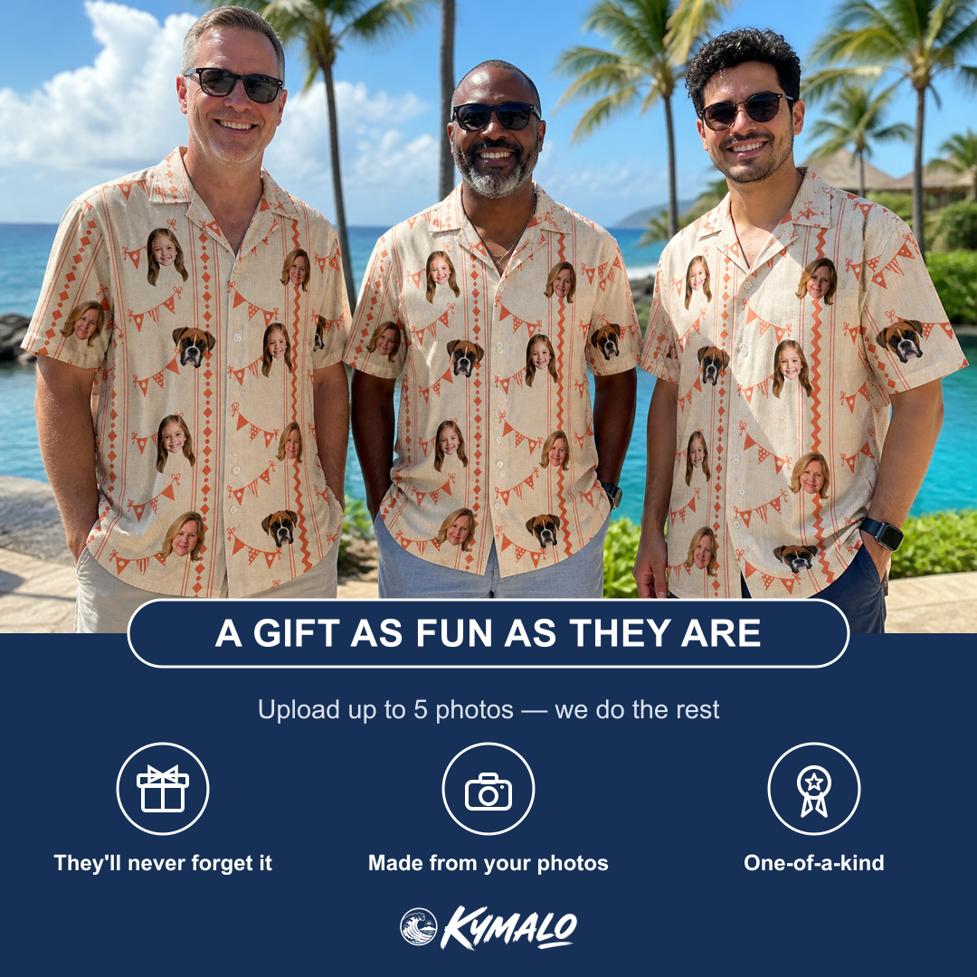Friends in matching Men's Grand Gathering Custom Face Hawaiian Shirt — a group gift photo