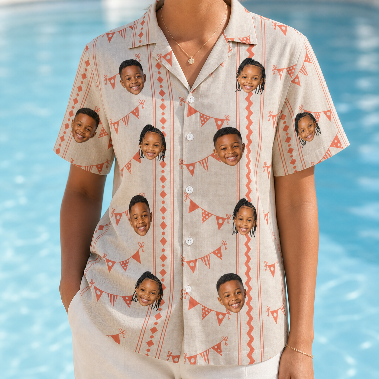 Model wearing Women's Grand Gathering Custom Face Hawaiian Shirt printed with kids' faces