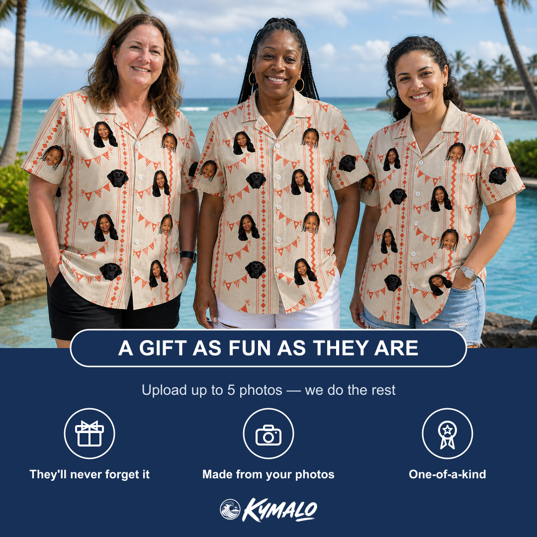 Friends in matching Women's Grand Gathering Custom Face Hawaiian Shirt — a group gift photo
