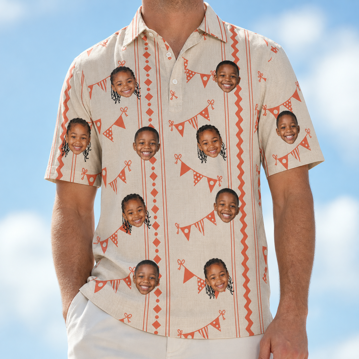 Model wearing Men's Grand Gathering Custom Face Polo Shirt printed with kids' faces