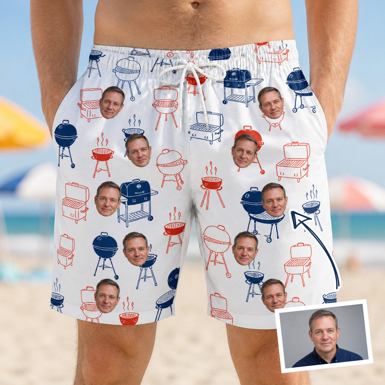 Man wearing Men's Grate Expectations Custom Face Beach Shorts — custom faces printed all-over