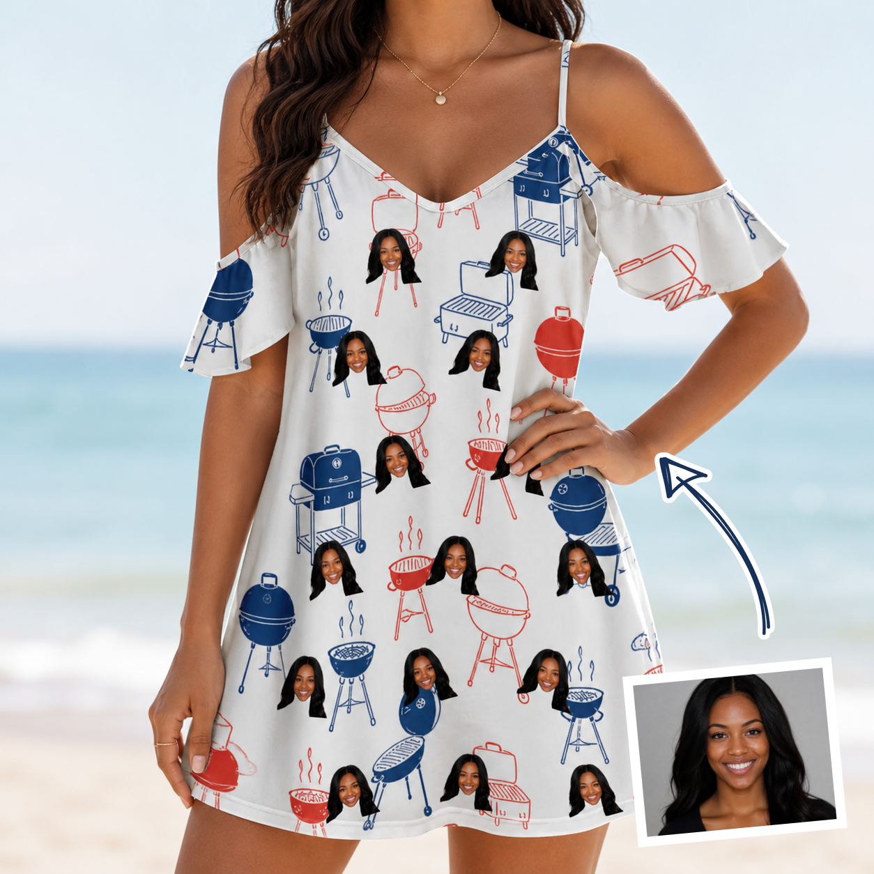 Woman wearing Women's Grate Expectations Custom Face Off-Shoulder Dress — custom faces printed all-over