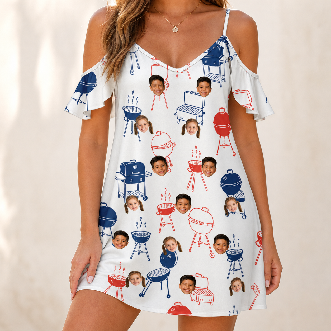 Model wearing Women's Grate Expectations Custom Face Off-Shoulder Dress printed with kids' faces
