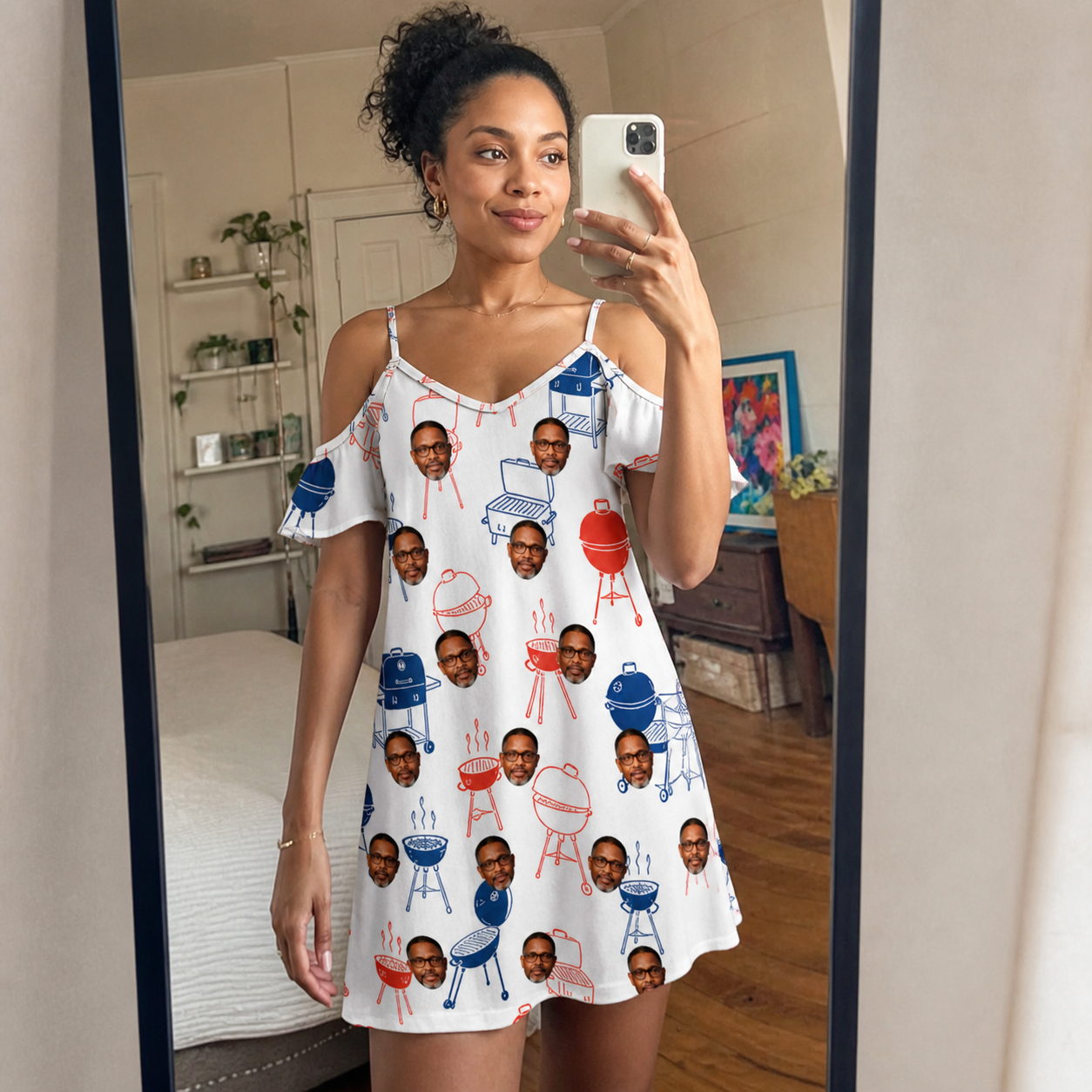 Real-life photo of someone wearing Women's Grate Expectations Custom Face Off-Shoulder Dress — custom faces printed all-over