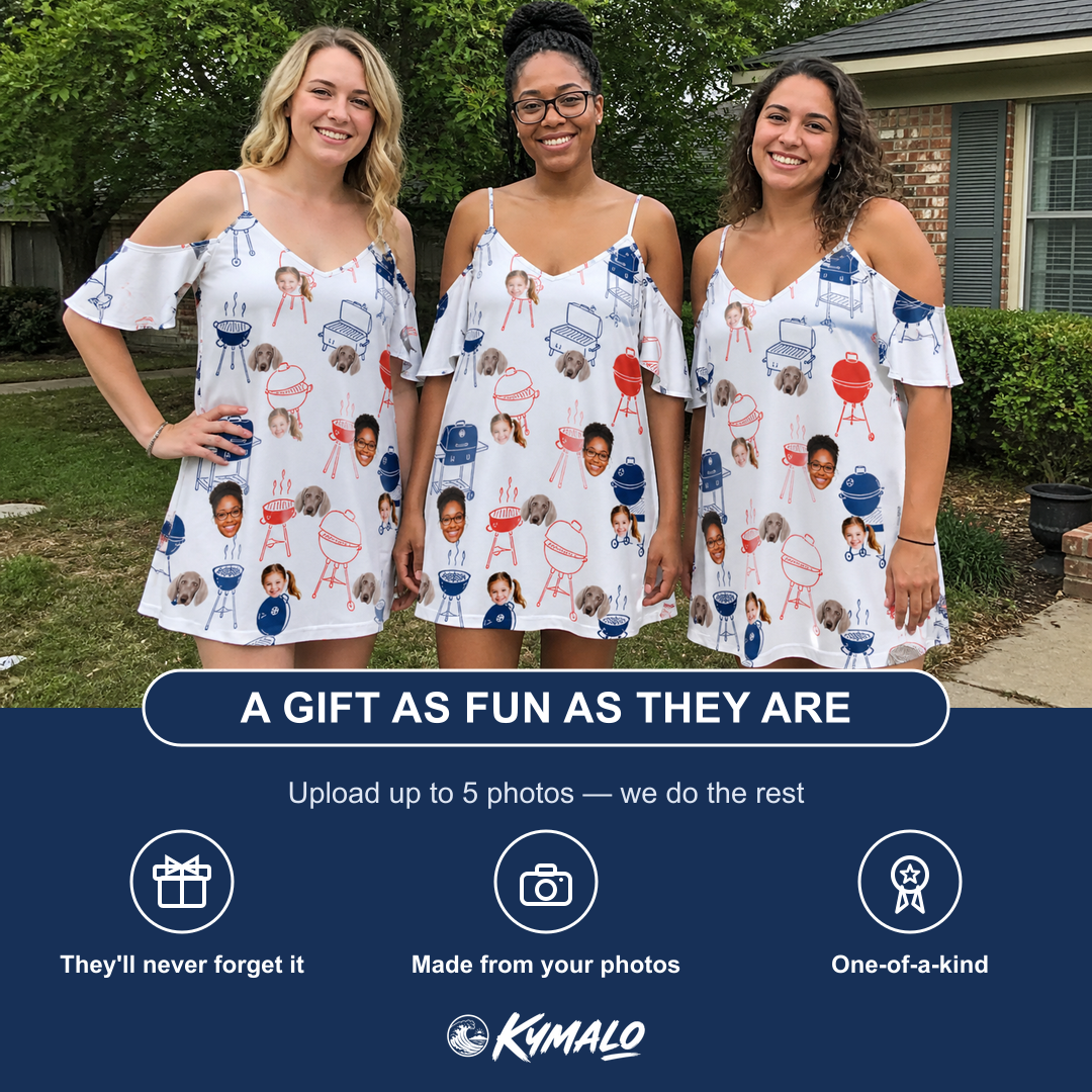 Friends in matching Women's Grate Expectations Custom Face Off-Shoulder Dress — a group gift photo