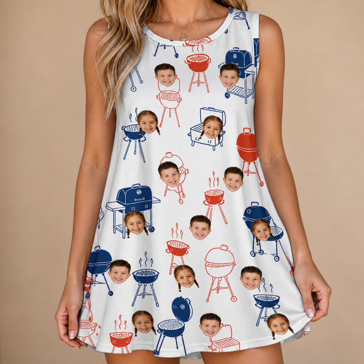 Model wearing Women's Grate Expectations Custom Face Tank Dress printed with kids' faces