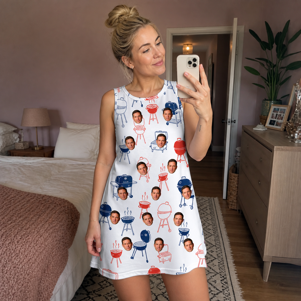 Real-life photo of someone wearing Women's Grate Expectations Custom Face Tank Dress — custom faces printed all-over