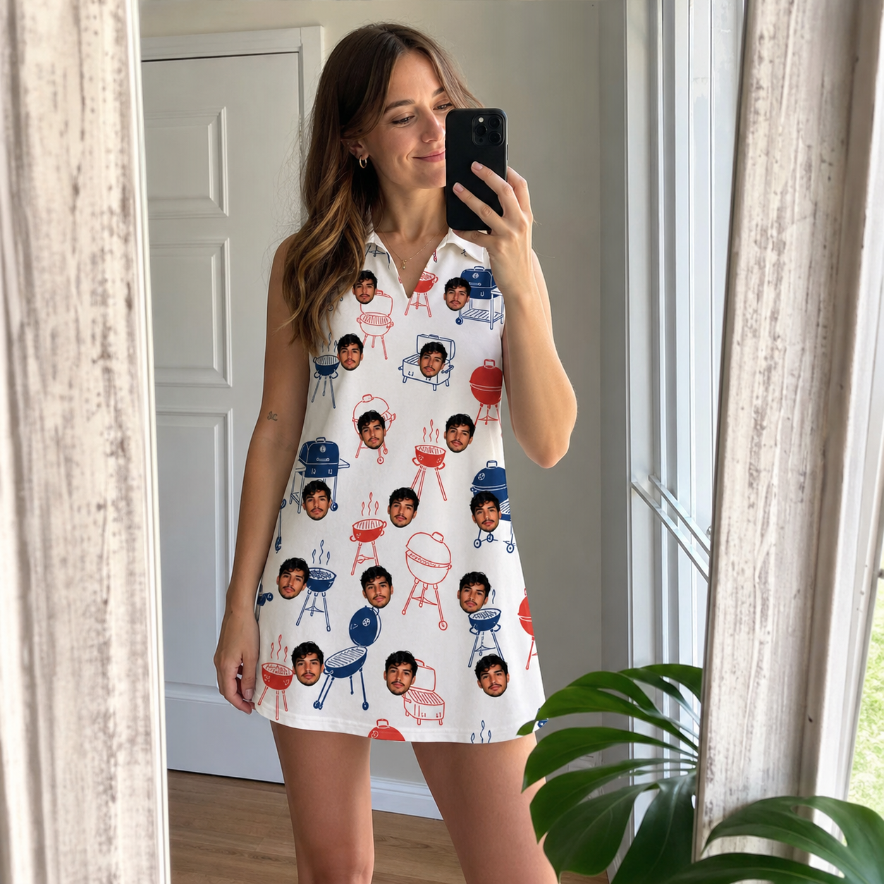 Real-life photo of someone wearing Women's Grate Expectations Custom Face V-Neck Dress — custom faces printed all-over