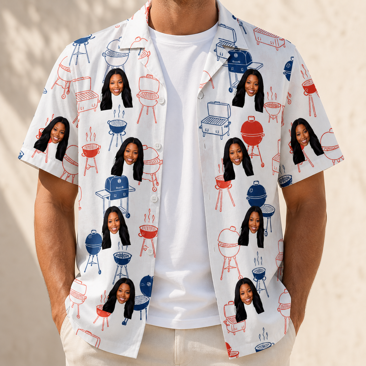 Man wearing Men's Grate Expectations Custom Face Hawaiian Shirt open over a white tee