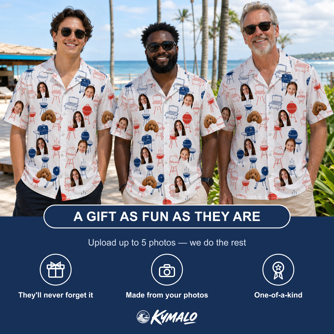 Friends in matching Men's Grate Expectations Custom Face Hawaiian Shirt — a group gift photo