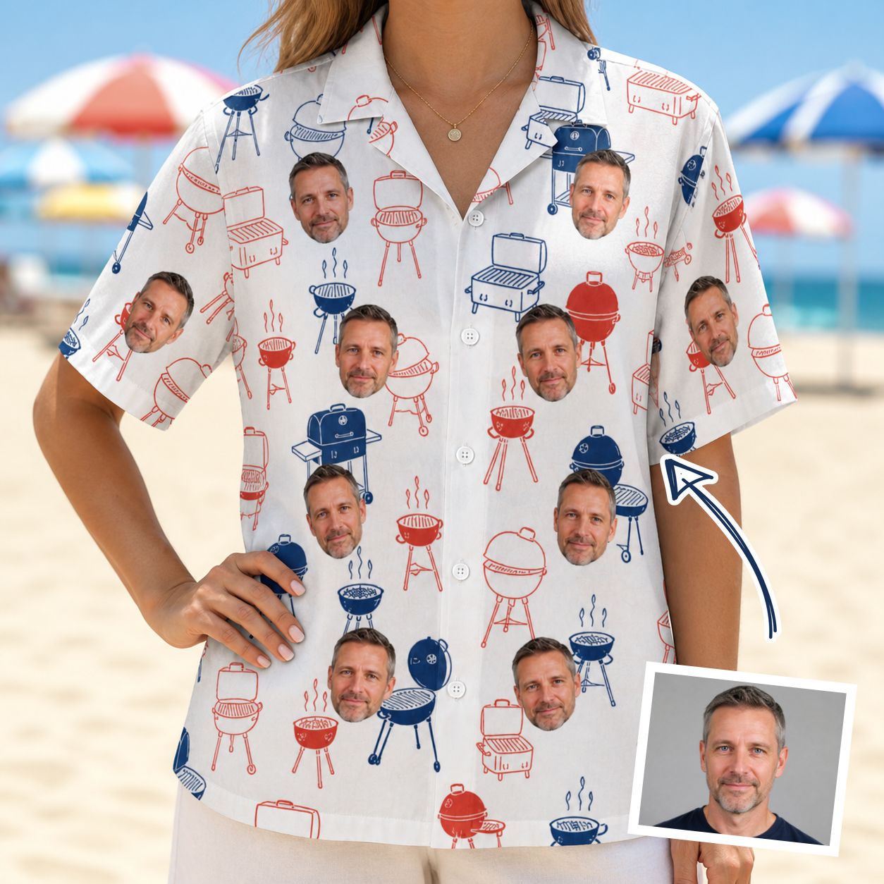 Woman wearing Women's Grate Expectations Custom Face Hawaiian Shirt — custom faces printed all-over