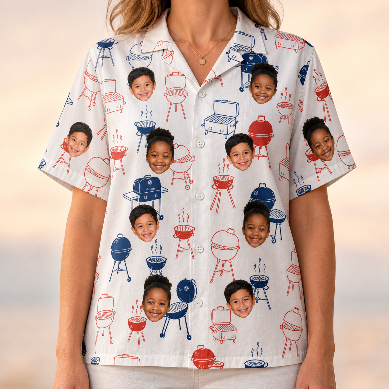 Model wearing Women's Grate Expectations Custom Face Hawaiian Shirt printed with kids' faces
