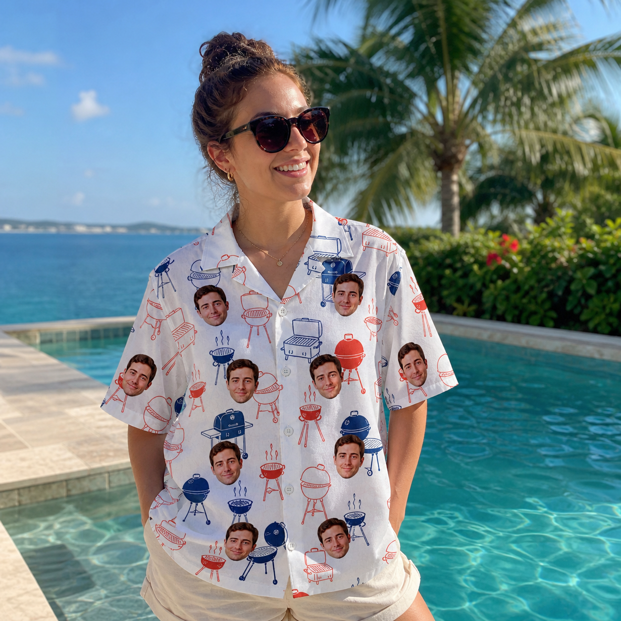 Real-life photo of someone wearing Women's Grate Expectations Custom Face Hawaiian Shirt — custom faces printed all-over