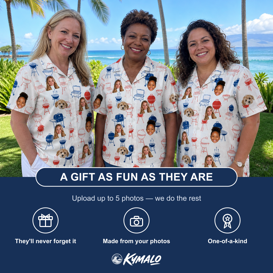 Friends in matching Women's Grate Expectations Custom Face Hawaiian Shirt — a group gift photo
