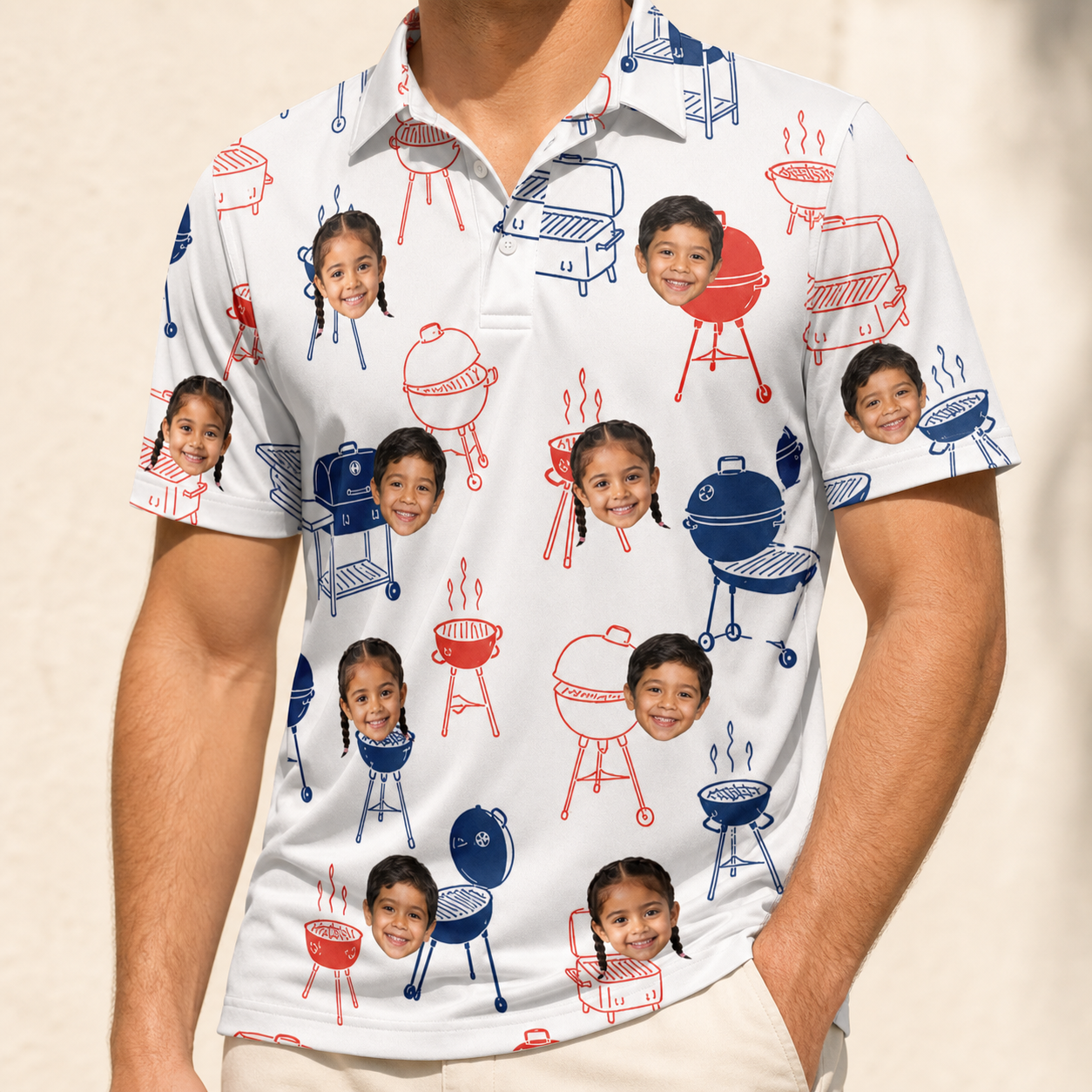 Model wearing Men's Grate Expectations Custom Face Polo Shirt printed with kids' faces