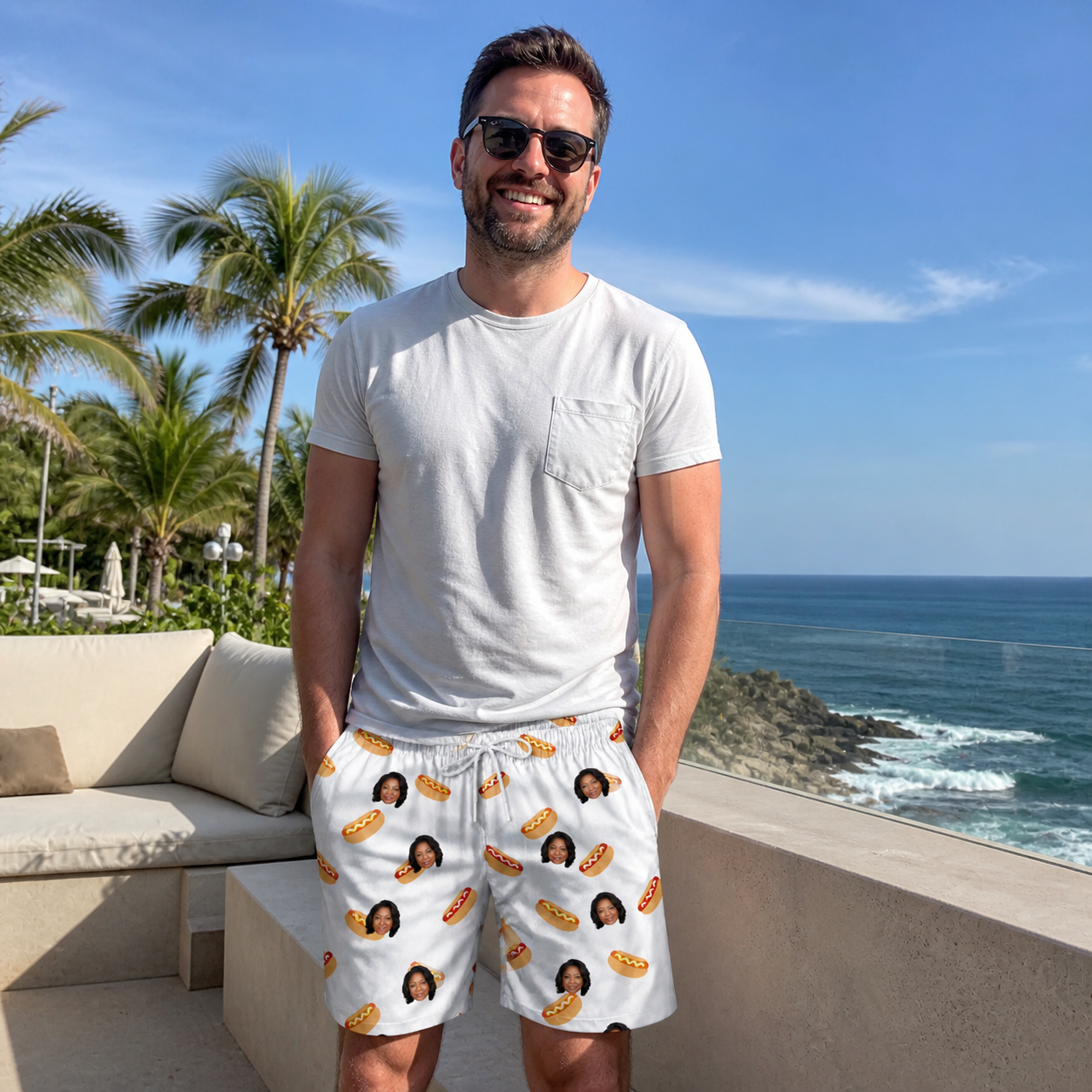 Real-life photo of someone wearing Men's Mustard Mingle Custom Face Beach Shorts — custom faces printed all-over