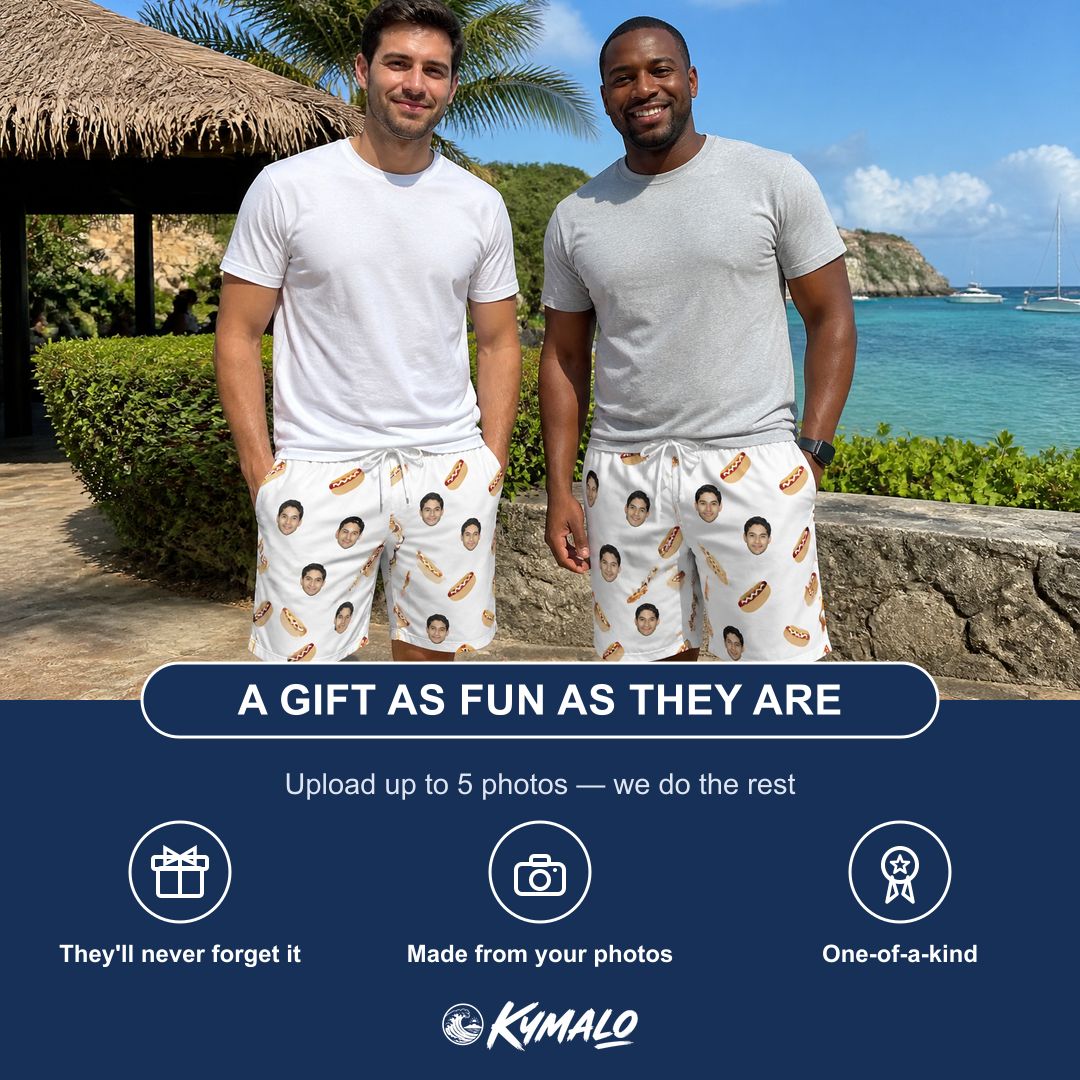 Friends in matching Men's Mustard Mingle Custom Face Beach Shorts — a group gift photo