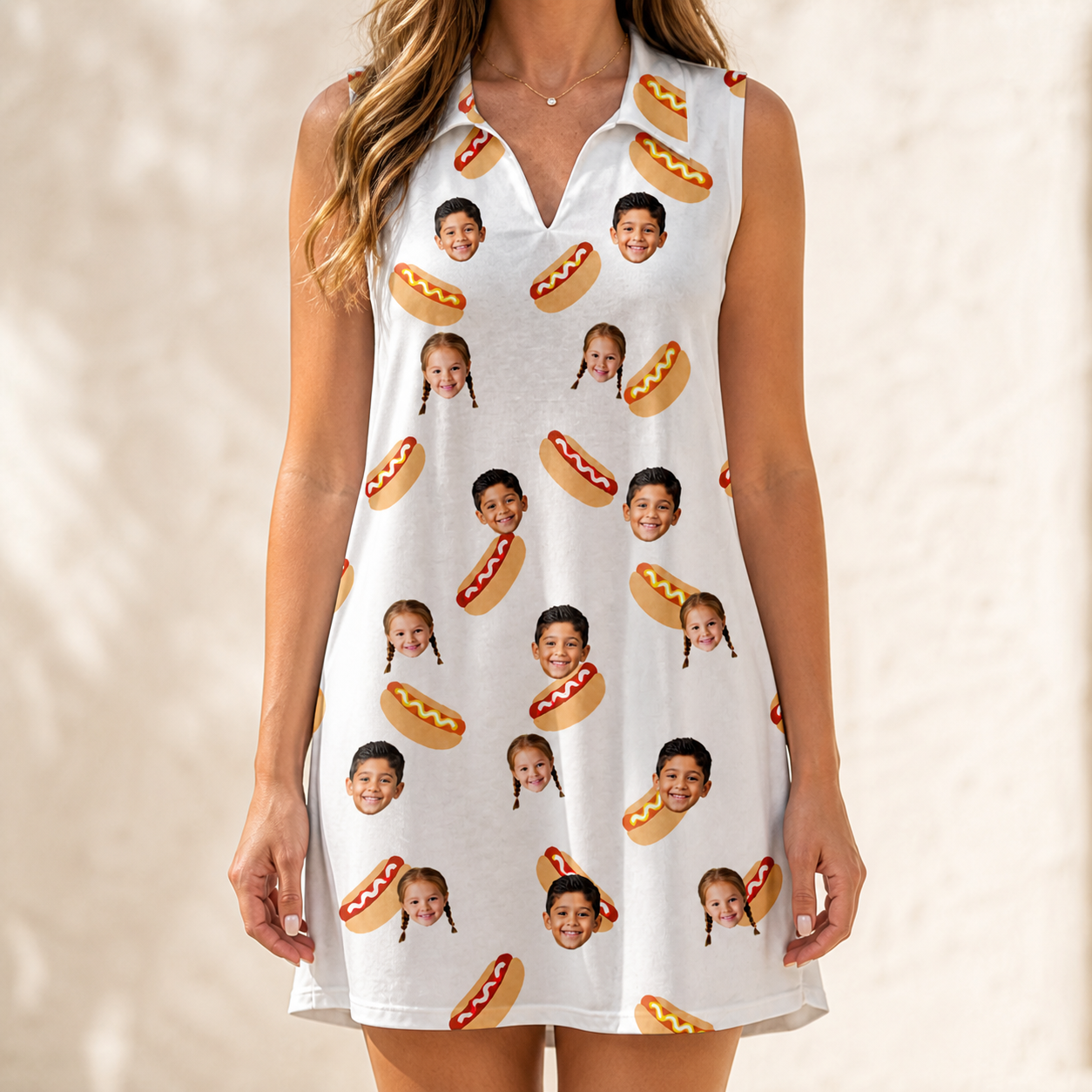Model wearing Women's Mustard Mingle Custom Face V-Neck Dress printed with kids' faces